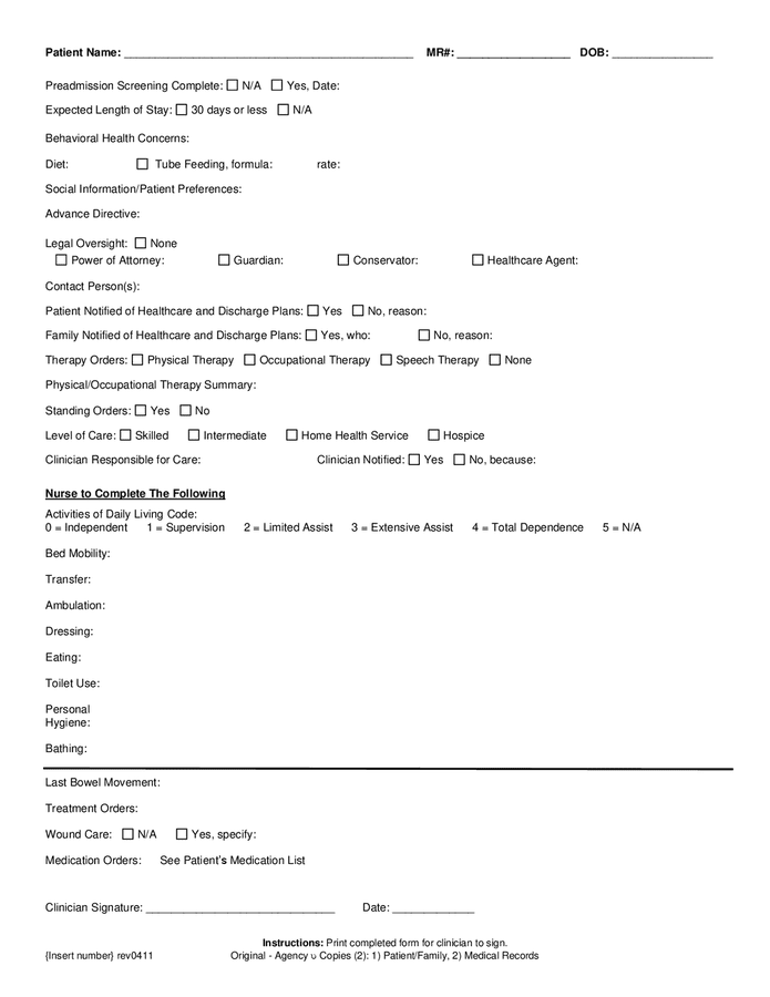 Multi-disciplinary hospital discharge plan form in Word and Pdf formats ...