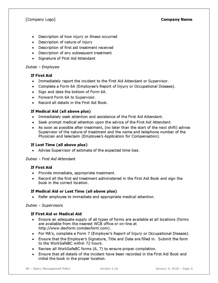 Injury Management Policy Template In Word And Pdf Formats Page 4 Of 8