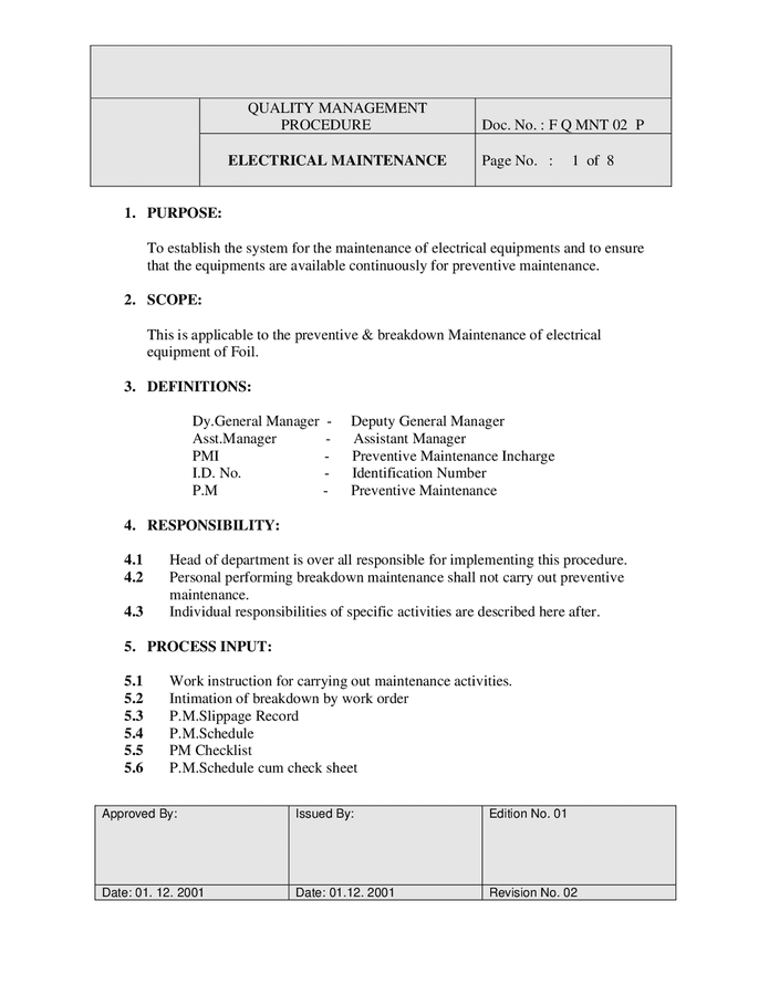 Electrical Maintenance Plan Template In Word And Pdf Formats