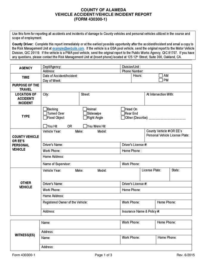 Vehicle accident/vehicle incident report county of Alameda in Word