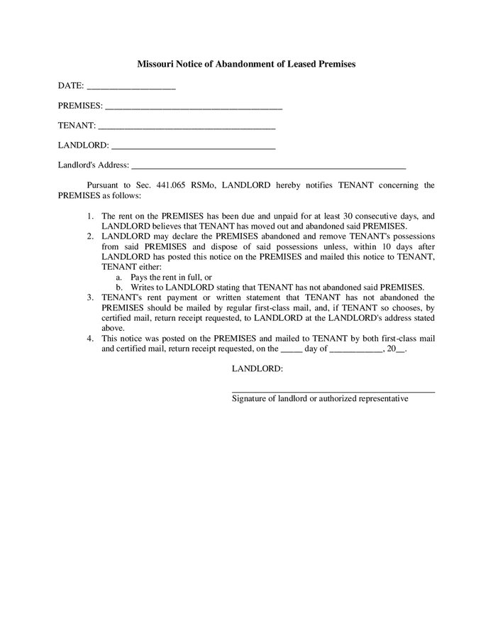 Notice Of Abandonment Of Leased Premises Missouri In Word And Pdf Formats