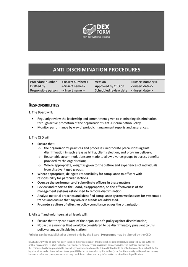 Antidiscrimination policy template in Word and Pdf formats page 3 of 4