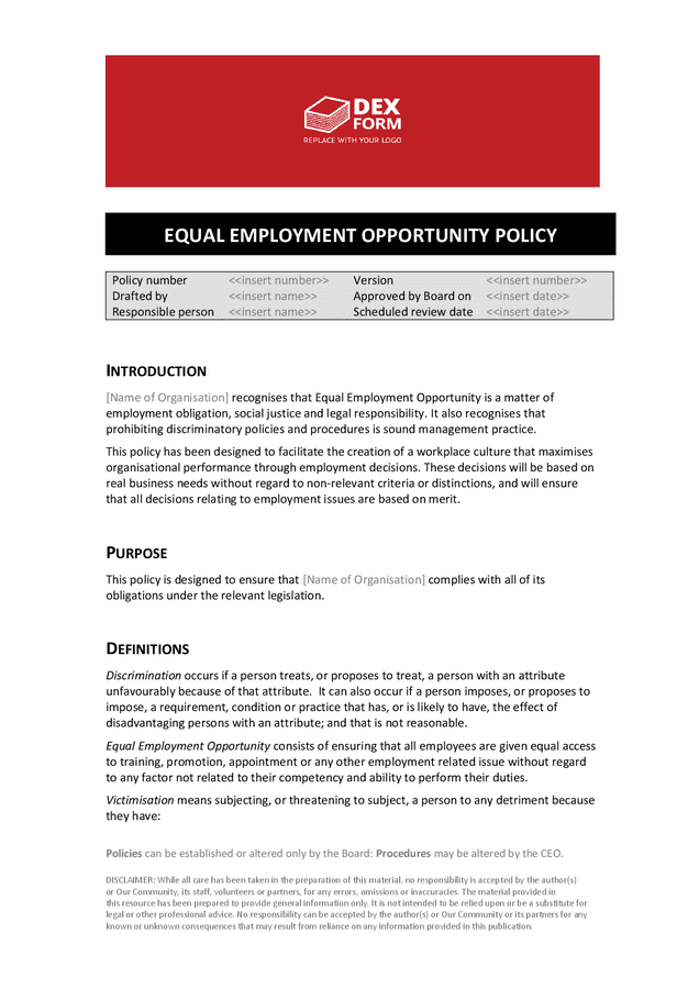 Equal employment opportunity policy template in Word and Pdf formats