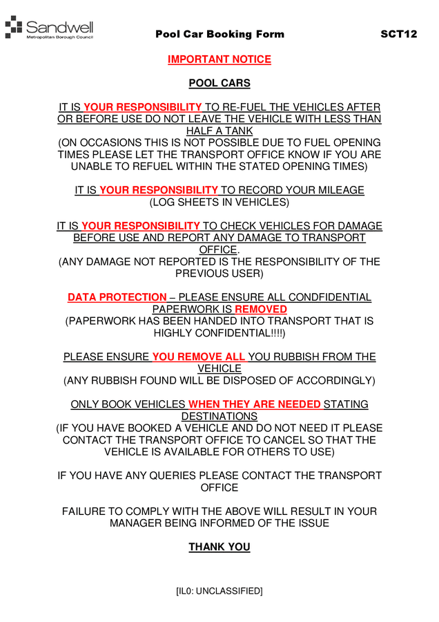 Pool car booking form in Word and Pdf formats page 2 of 2