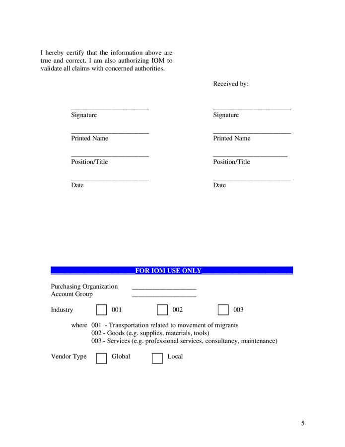 Vendor information sheet (VIS) template in Word and Pdf formats page