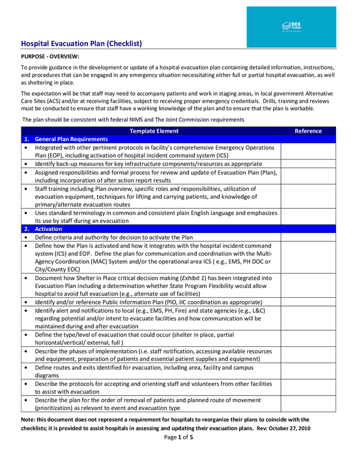 Hospital evacuation plan in Word and Pdf formats