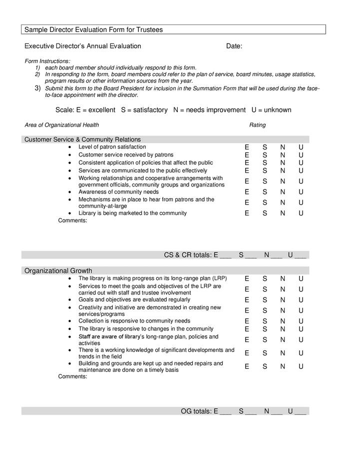 Sample director evaluation form for trustees in Word and Pdf formats