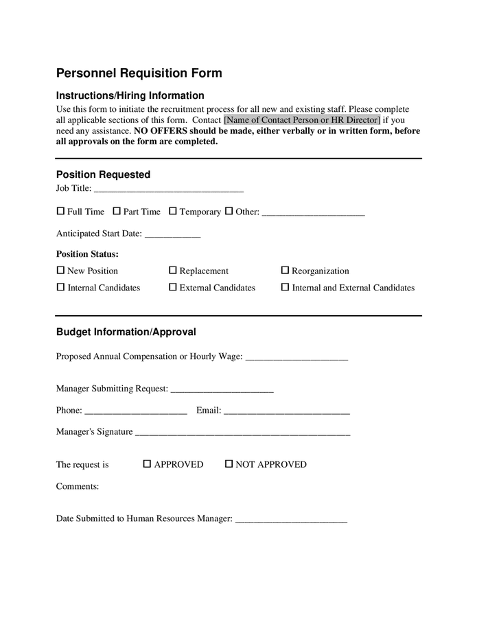 Personnel requisition form in Word and Pdf formats