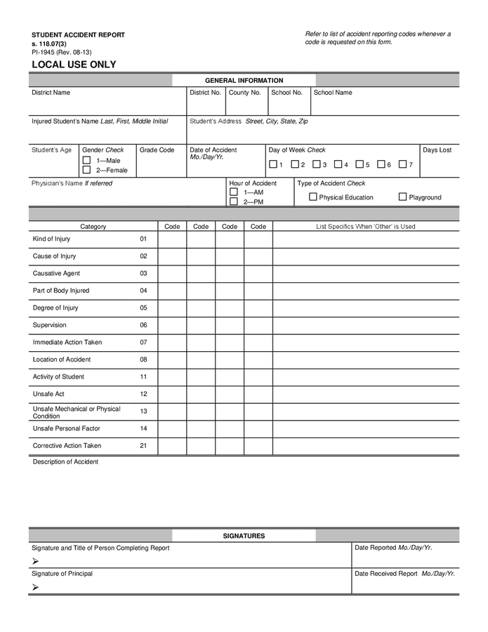 Student Accident Report Form (wisconsin) In Word And Pdf Formats