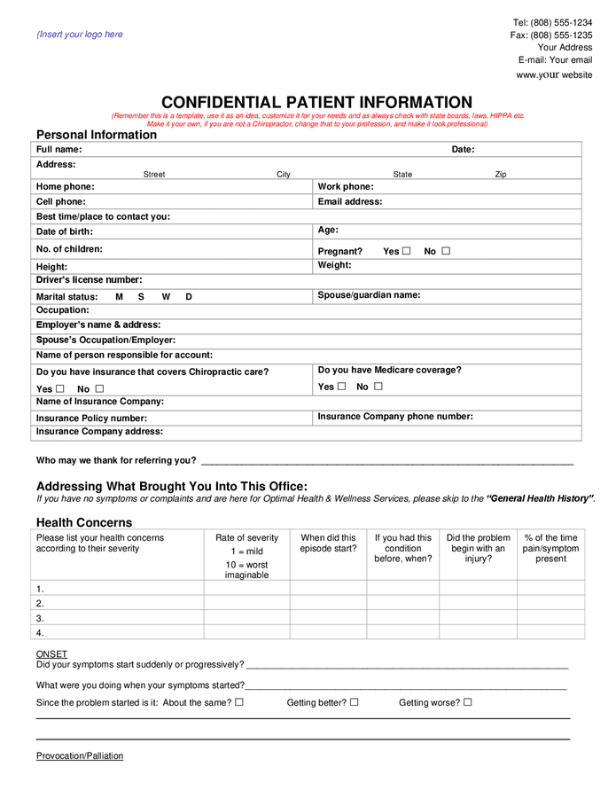 Confidential patient information form in Word and Pdf formats