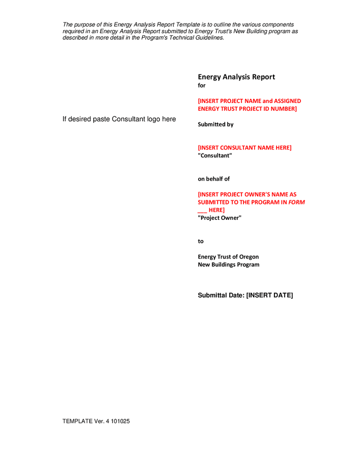 Energy analysis report template in Word and Pdf formats