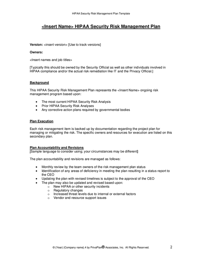 Hipaa Security Risk Management Plan Template In Word And Pdf Formats Page 2 Of 5 