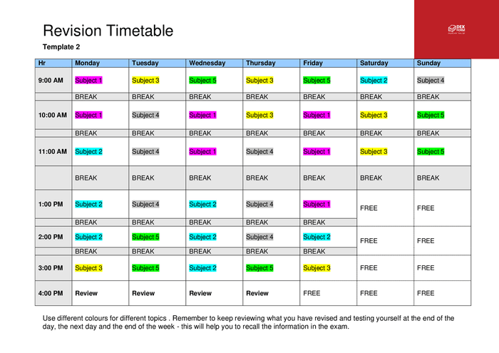 Revision timetable sheet in Word and Pdf formats - page 2 of 2