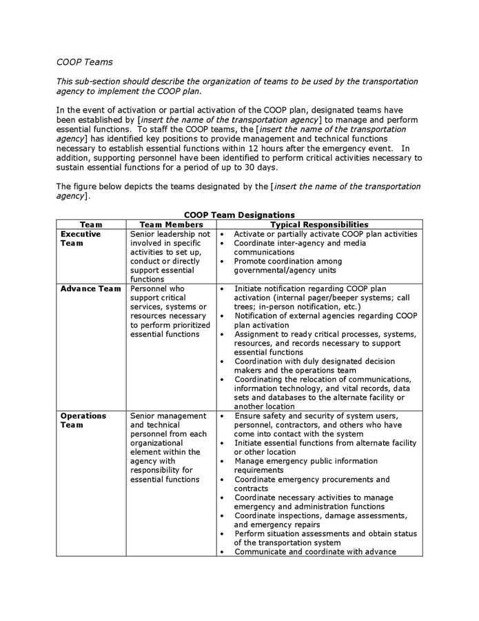 Transportation agency continuity of operations (Coop) plan template in