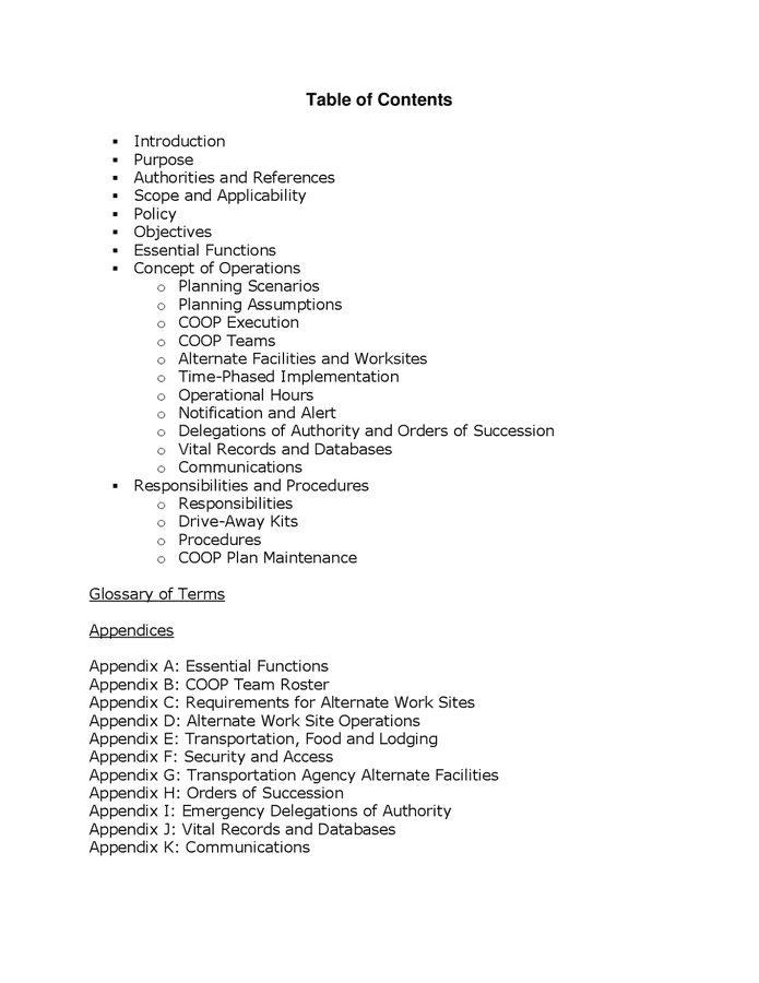 Transportation agency continuity of operations (Coop) plan template in