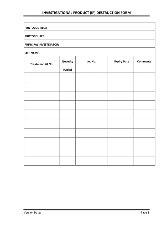 Investigational product (IP) destruction form in Word and Pdf formats