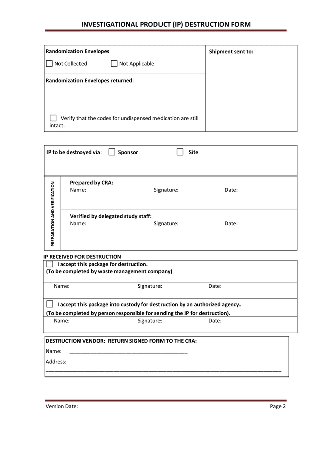 Investigational product (IP) destruction form in Word and Pdf formats ...