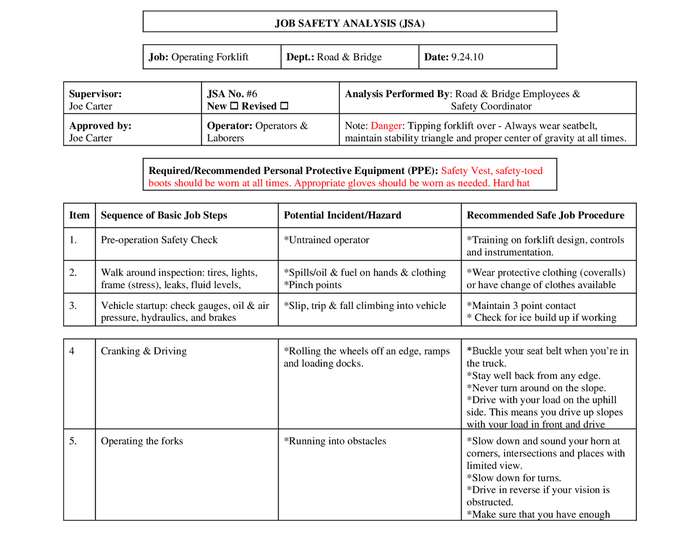 Job Safety Analysis JSA Template Operating Forklift In 46 OFF