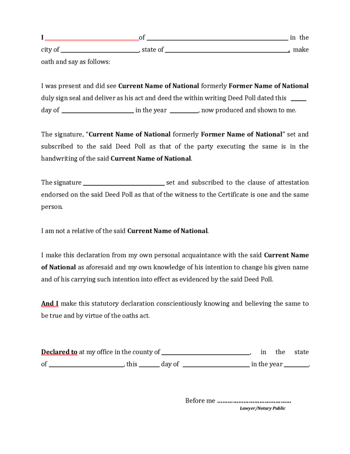 Deed Poll Template Evidencing Change Of Name In Word And Pdf Formats 