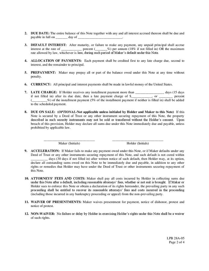 Promissory note template in Word and Pdf formats - page 2 of 4