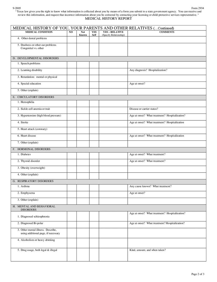 Medical history report (Texas) in Word and Pdf formats - page 2 of 3