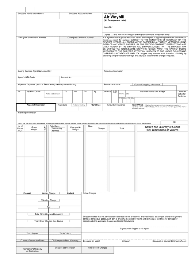 Air waybill form in Word and Pdf formats