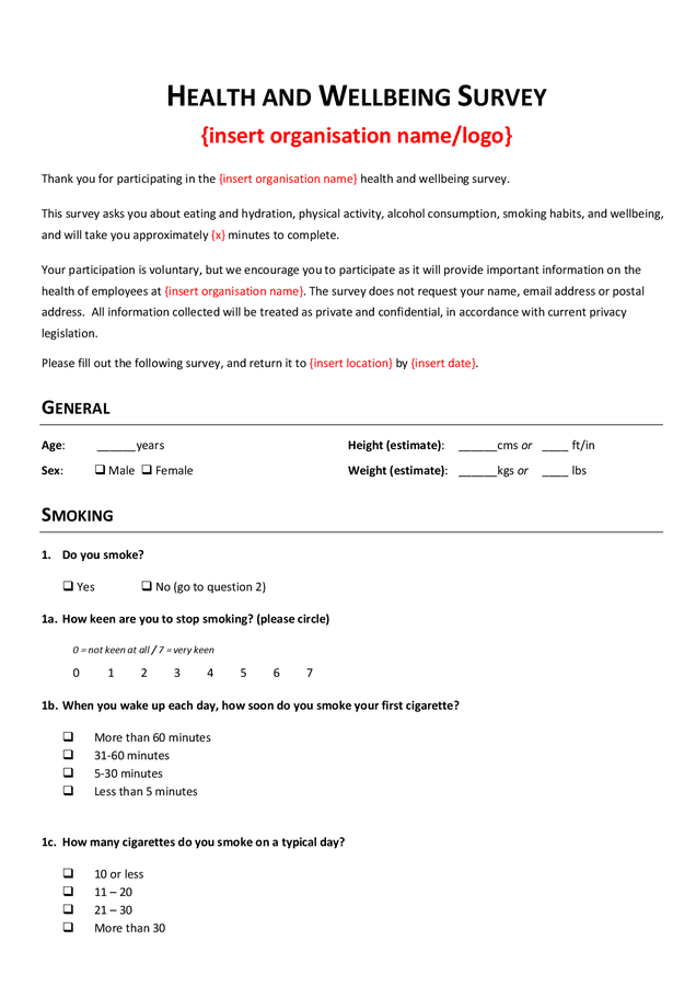 Health and wellbeing survey form in Word and Pdf formats