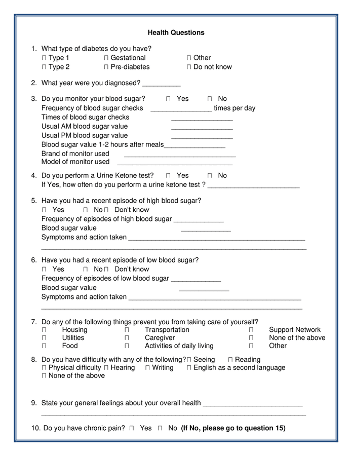 Chronicle diabetes assessment form in Word and Pdf formats page 2 of 8