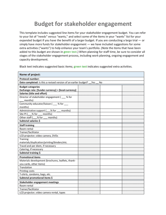 Budget For Stakeholder Engagement Template In Word And Pdf Formats