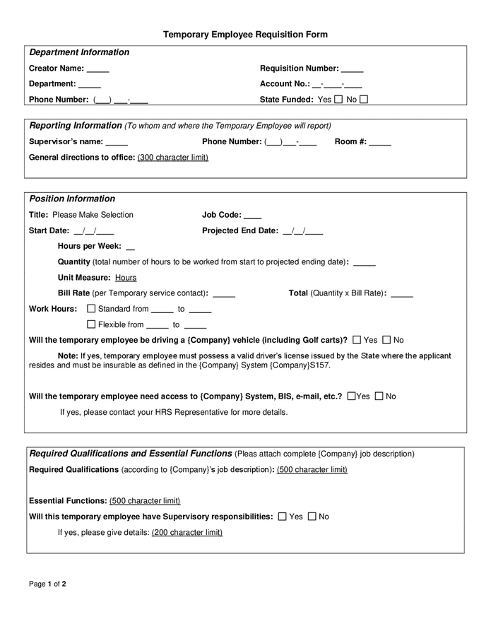 Temporary employee requisition form in Word and Pdf formats