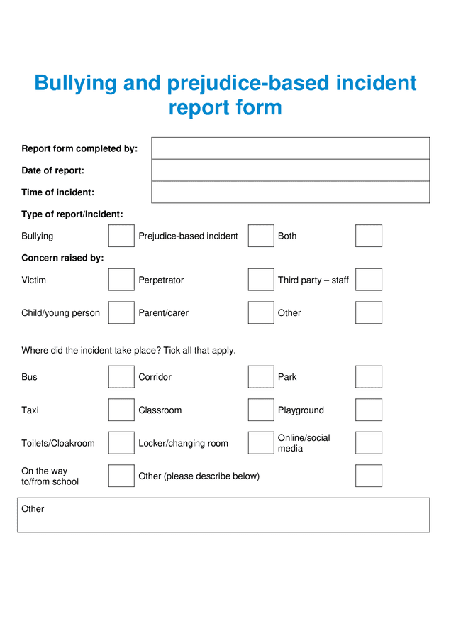 Bullying and prejudice-based incident report form in Word and Pdf formats