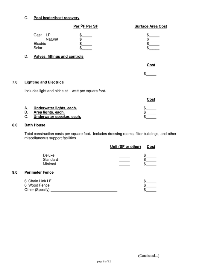 Pool construction cost estimating model in Word and Pdf formats page