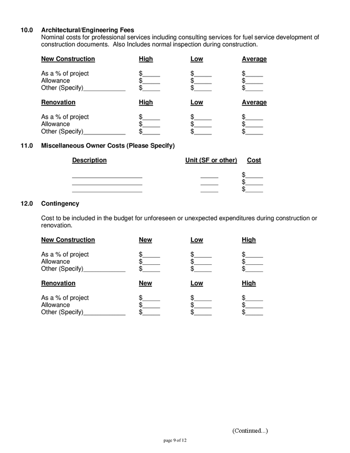 Pool construction cost estimating model in Word and Pdf formats page