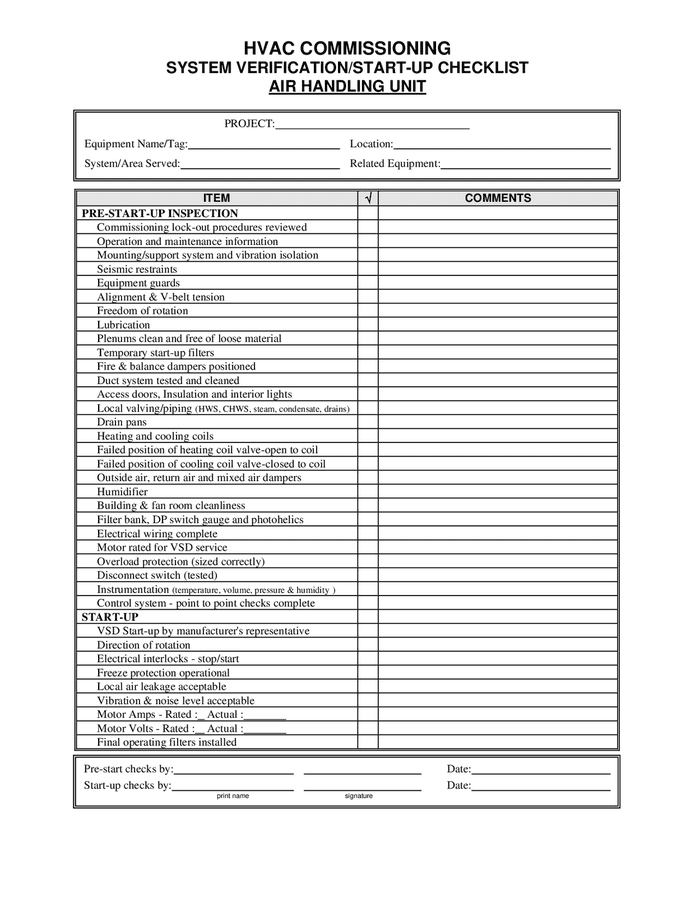 hvac-commissioning-system-verification-start-up-checklist-air-handling