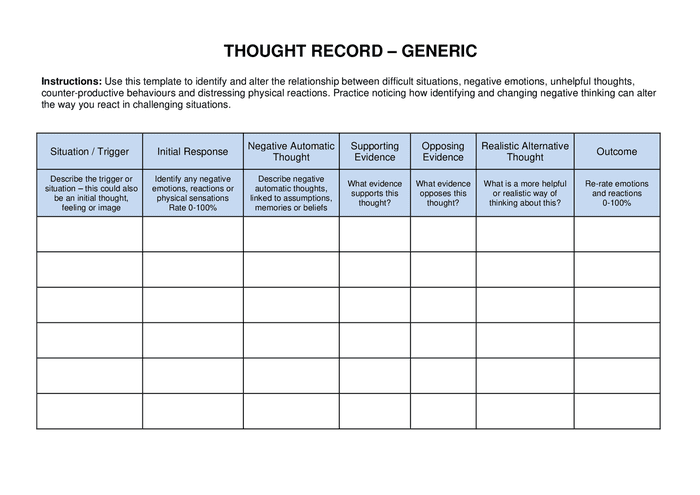 Generic thought record template in Word and Pdf formats