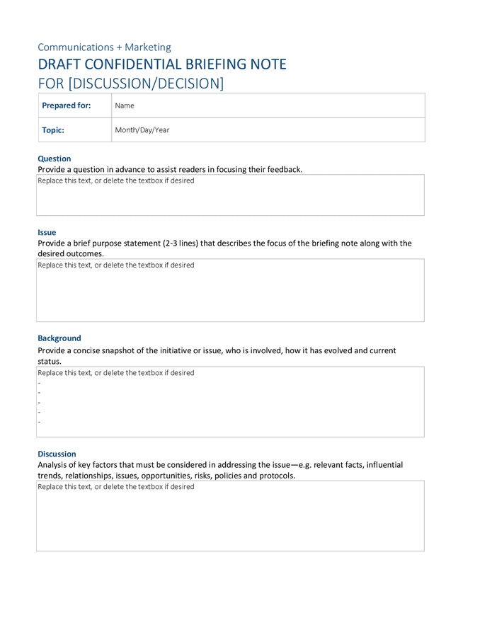 Confidential briefing note model in Word and Pdf formats