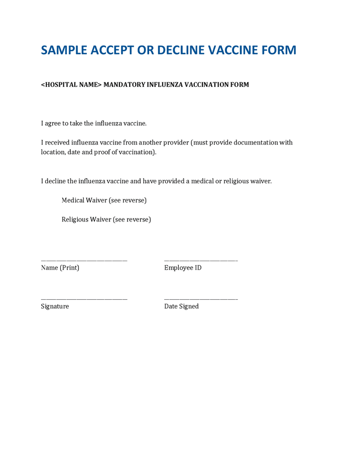Sample accept or decline vaccine form in Word and Pdf formats