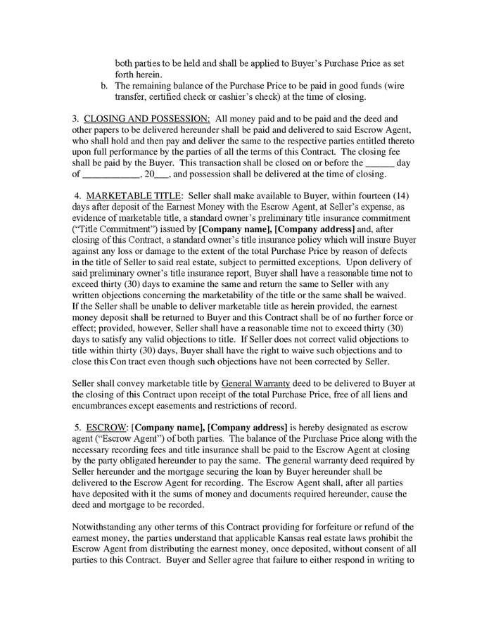 Real estate buy/sell contract template (Kansas) in Word and Pdf formats