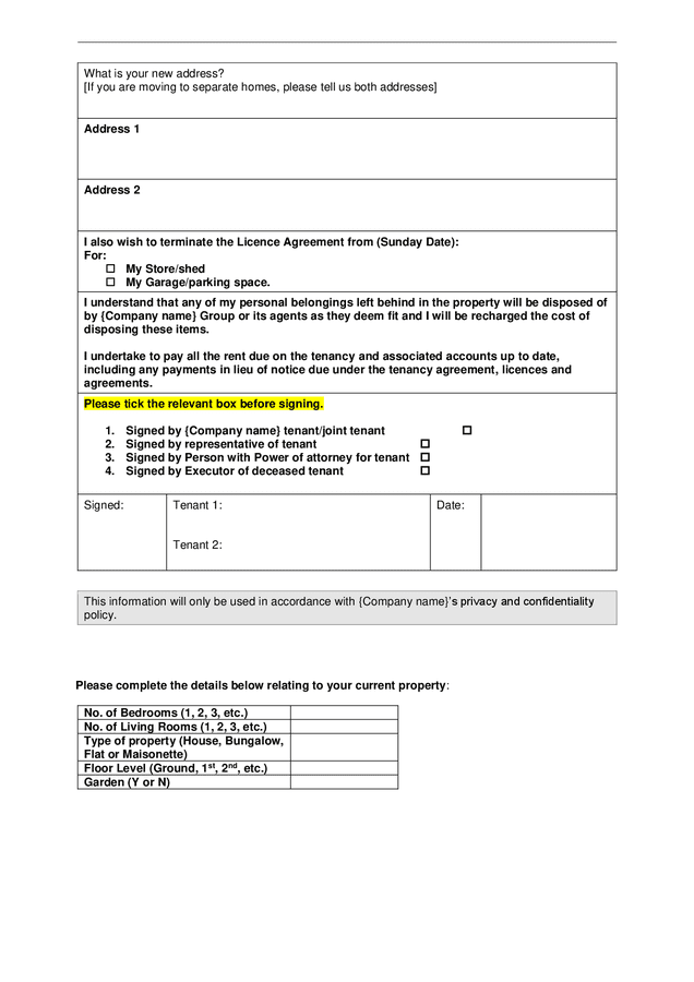 Ending your tenancy form in Word and Pdf formats - page 2 of 2