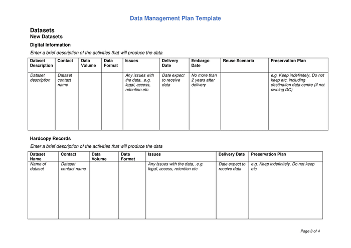 Data management plan template in Word and Pdf formats - page 3 of 4