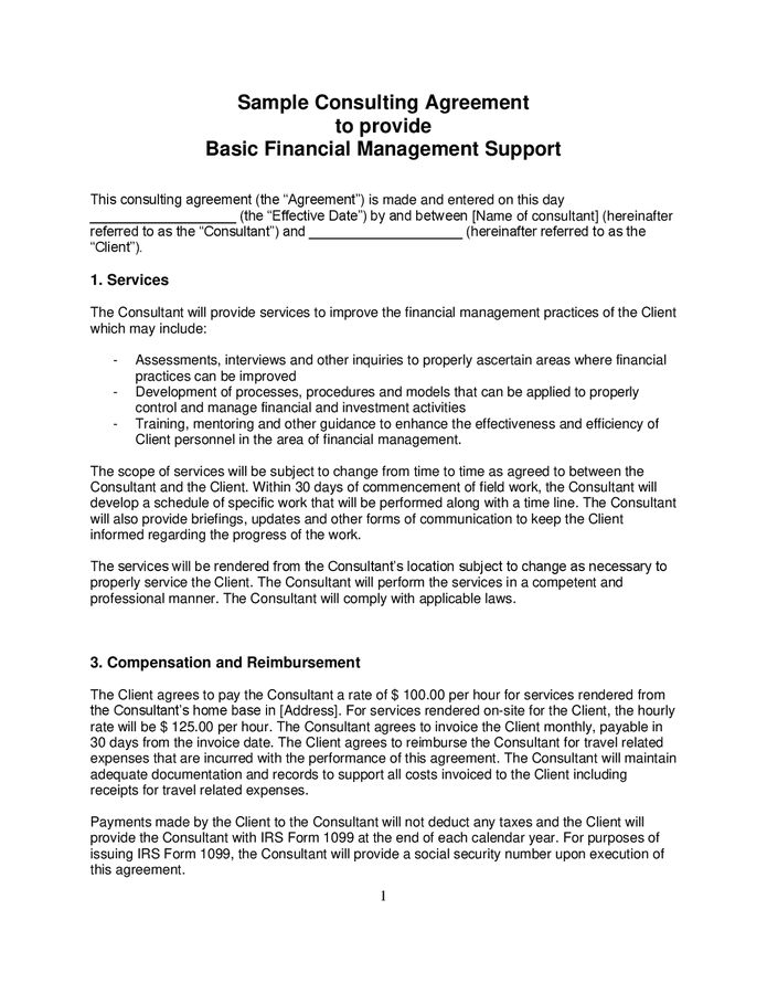 Sample consulting agreement basic financial management support in