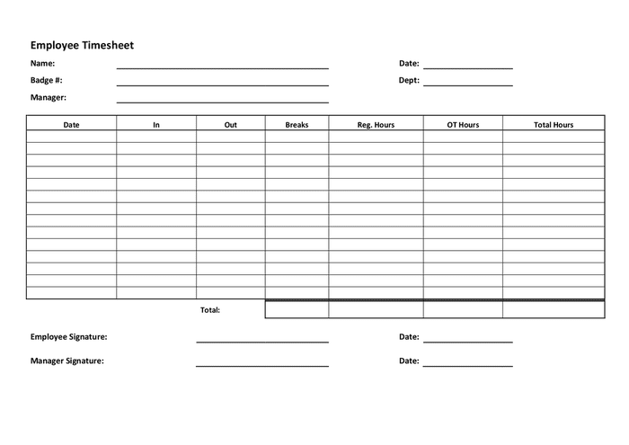 Employee timesheet in Word and Pdf formats