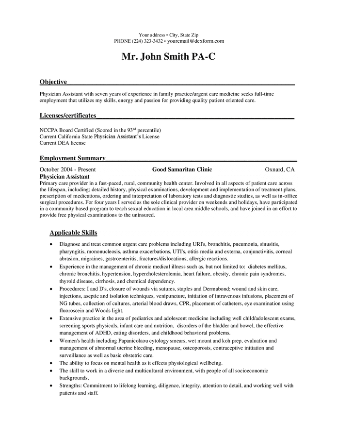 Physician assistant resume template in Word and Pdf formats